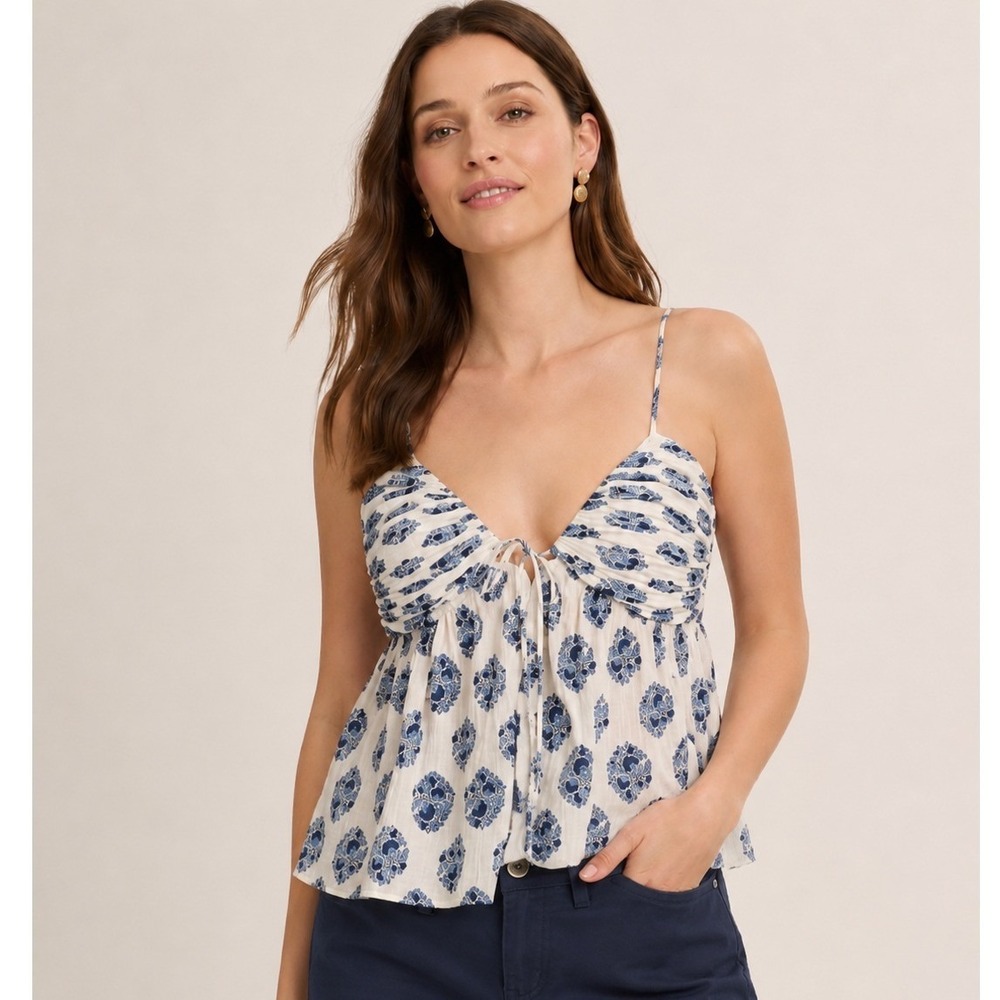 J.Crew Womens Ruched Floral Camisole Top 6 Boho Coastal Blue White Tank Preppy